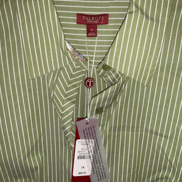 Talbot’s—Button-Down Collared Shirt, 14, Olive/White Stripes, 3/4 Length Sleeves - Picture 2 of 3